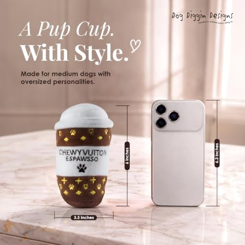 Dog Diggin Designs Chewy Vuiton Espawsso Plush Dog Toy | Luxury-Inspired Parody Coffee Cup with Squeaker, Soft Plush Coffee-Themed Dog Toy – Baristas Needed!