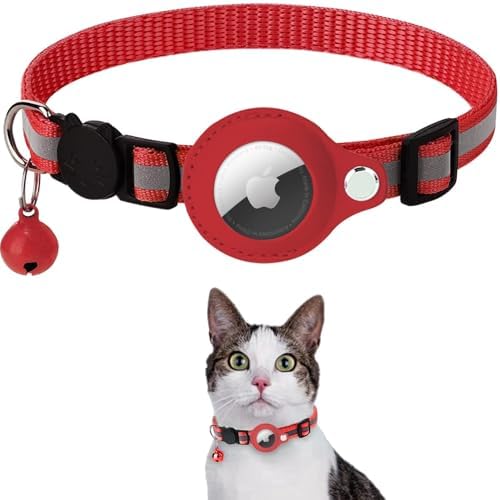 Reflective Cat Collar with AirTag Holder, Nylon, Breakaway Buckle, Bell Included, Compatible with Apple AirTag (Red)