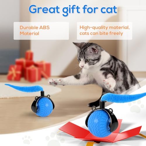 Smart Interactive Cat Toys for Indoor,Automatic Rolling Pet Ball,Teasing Hunting Toy for Kitten,3 Stimulating Modes,USB Recharge and Mouse Tail Toy 2 Tails Bule