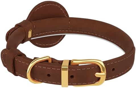 OOPSDOGGY Rolled Leather Dog Collar with Airtag Holder - Reflective Round Airtag Dog Collar - Soft Tracking Pet Collar for Small Dogs Puppy Cats Kitten (Brown, L, 14"-18")