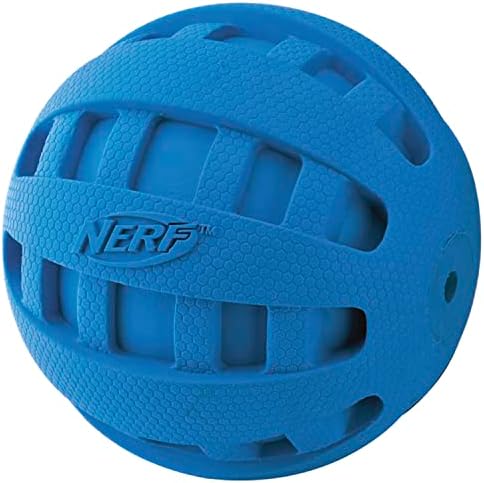 Nerf Dog Rubber Ball Dog Toy with Checkered Squeaker, Lightweight, Durable and Water Resistant, 4 Inch Diameter for Medium/Large Breeds, Single Unit, Blue