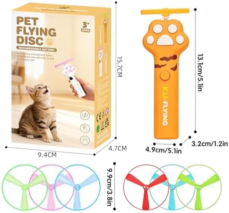 Cat Fetch Toy Launcher, Flying Disc Launcher with Rechargeable & 6 Soft Flying Discs (3 Glow), Easy Use Interactive Toys for Indoor Adult Cats & Kittens for Enrichment