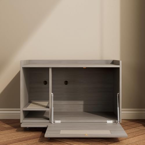 Montary Multi-Use Cat Litter Box Enclosure with Storage, Hidden Litter Box Furniture & Cat Washroom Cabinet,Wooden Pet House Side Table with Wheels, Gray