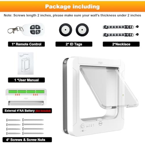 Smart Cat Door for Interior & Exterior, Cat Pet Door with 3 Collar Sensor Keys & 1 Remote Control & 4 Way Locking Cat Flap with RFID Collar Activated Opening SmartPetDoor(White)