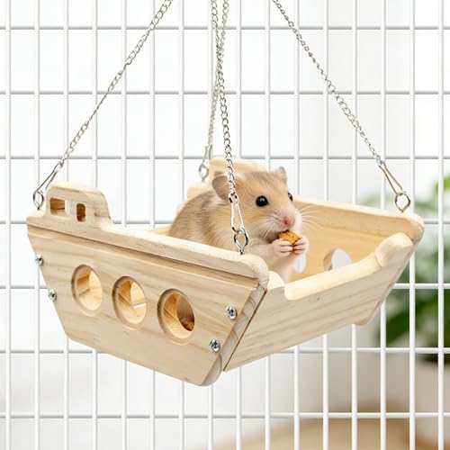 Guinea Pig Hammock, Wooden Swing Toys with Metal Chain and Hook for Cage, Interactive Enrichment Toy for Guinea Pig, Chinchilla, Rat, Hamster and Other Small Animals