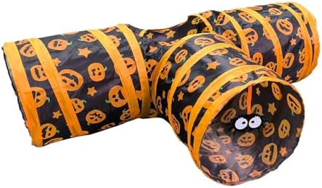 Halloween Cat Tunnel with 3-Way Design - Pumpkin Print Interactive Pet Play Tube for Kittens & Cats, Collapsible Cat Play Tunnel with Peek Hole, Fun and Durable Halloween Pet Toy