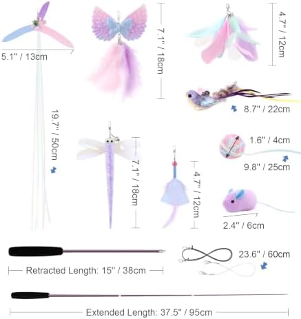 SONGWAY Interactive Cat Wand Toy Set - Retractable Cat Teaser Wand with 8 Cat Toy Attachments, Dragonfly Butterfly Bird Mouse Yarn Ball Tassel Feather Cat Toy Refills for Indoor Cats Kittens, Purple