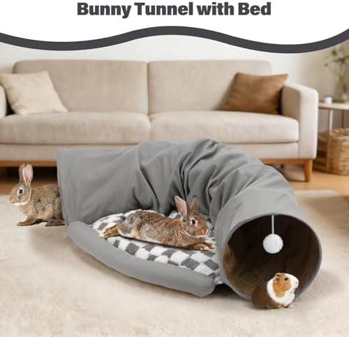 BWOGUE Bunny Tunnel Bed, 2-in-1 Rabbit Tunnel Hideout with Mat, Gray