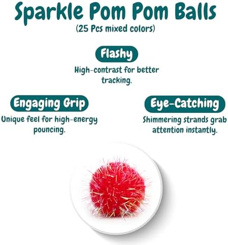 50 Count 1.2 Inches Pom Pom Balls with Cat Ball Launcher, Interactive Cat Toy for Indoor Kittens, 25 Pcs Sparkle and 25 Pcs Simple Pompoms are Included for Exercise, Training & Boredom Relief