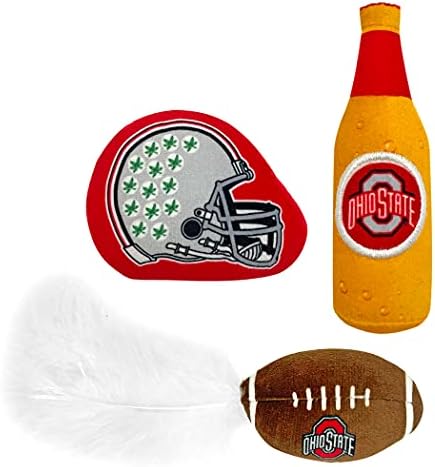 BEST PLUSH CAT TOY NCAA OHIO STATE BUCKEYES Complete Set of 3 piece Cat Toys filled with Fresh Catnip. Includes: 1 Helmet Cat Toy, 1 Football Cat Toy with Feathers & 1 Beer Bottle. Beautiful Team LOGO