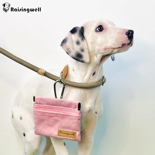 Raisingwell Pocket Sized Pet Training Pouch, Cotton Fabric, Hand Free Dog Walking Bag with Carabiner Self-Closing Pet Feed Snack Reward for Puppy Travel or Outdoor Use (PINK)