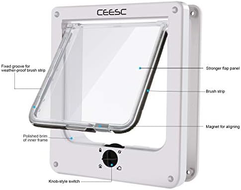 CEESC X-Large Cat Door for Interior/Exterior, for Pets <24.8", White | Rotary 4-Way Lock, Weatherproof, Fits doors 1.26-2.14", Adjustable tunnel depth, Upgraded version