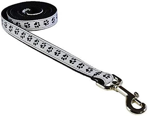 Medium Black/Wht. Puppy Paws Dog Leash: 3/4" Wide, 6ft Length - Made in USA.