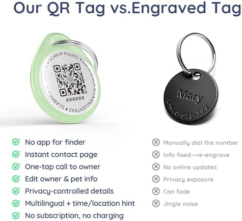 QR Code Dog Tag and Cat Tag, Scan to Reunite Faster, Waterproof and Durable, Lightweight and Quiet, Updatable Contact Info, Glow-in-the-Dark Green