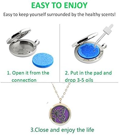 Aromatherapy Essential Oil Diffuser Stainless Steel 30MM Silver Magnetic Locket Pendant with Chain Necklace and Colored Refill Pads & Diffuser Bracelet All in a Velvet Bag (butterfly1)
