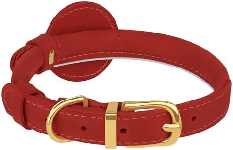 OOPSDOGGY Rolled Leather Dog Collar with Airtag Holder - Reflective Round Airtag Dog Collar - Soft Tracking Pet Collar for Small Dogs Puppy Cats Kitten (Red, M, 12"-15")