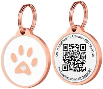 Pet Dwelling Premium QR Pet ID Tag for Dogs & Cats – Smart Pet Safety Tag with Free Online Profile, Scan Alerts with AI-Powered Insights (Lux Rose Gold White Paw)