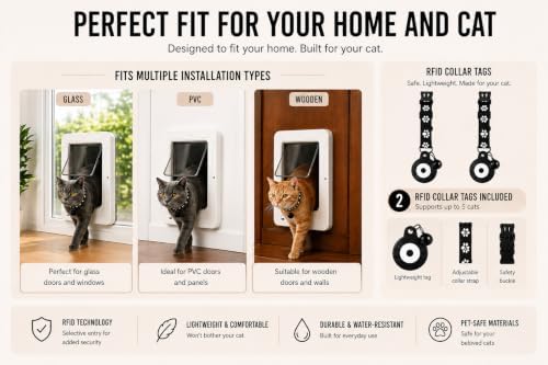 Electronic Cat Door with Selective Access, 4-Way Locking Pet Flap with Collar Key Recognition, Prevents Unwanted Pets from Entering, Includes 2 Collar Keys & Remote Control (White)
