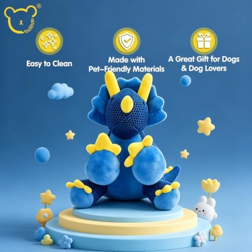 Large Squeaky Triceratops Plush Dog Toy, Belly Squeaker and Honeycomb Mesh, Soft Dinosaur Toy for Fetch, Carrying and Gentle Tug, Dark Blue