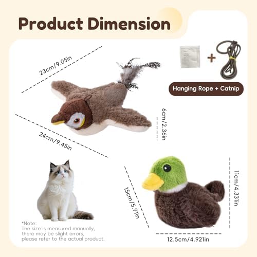 2 Pack Interactive Flapping Bird & Green Duck Cat Toy, Motion Activated Chirping Cat Toy with Catnip, 3 Modes USB Rechargeable Washable Simulation Flying Bird Toys for Indoor Cats