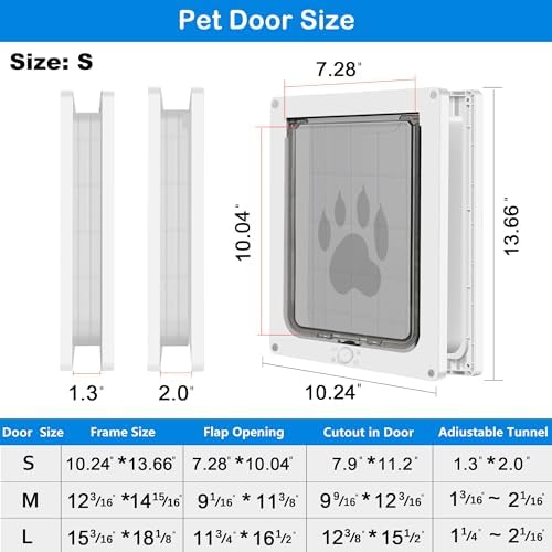 CEESC Small Dog & Cat Door, Snap-in Panel, Up to 20 lbs, Durable, White | Flap 7.25"x10", cut-out 7.88"x11.19". Fits doors 1.25-2.06in. Weatherproof ABS, magnetic seal