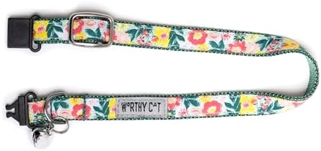THE WORTHY DOG Patterned Spring Bouquet Cat Collar with Bell, Adjustable Nylon Safety Collar, Green, One Size