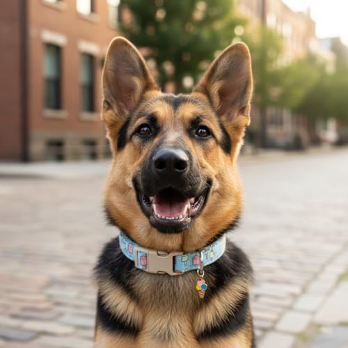 Cute Dog Collar, Girl Boy Dog Collar for Medium Dogs, Blue Collar with Ice Cream Print for Spring Summer, Adjustable Pet Collar Made of Soft Durable Fabric and Robust Buckle, M