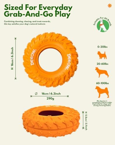 Deeow Dog Chew Tire Toy, Natural Rubber Puppy Teething Ring-6.3'' Orange