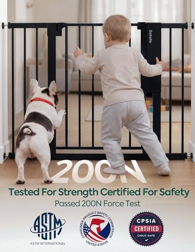 Babelio Smart Baby Gate with Auto-Unlock/Close, Pressure Mounted No Drill for Doorways/Top of Stairs. Pet/Dog Door Wide Walk Thru w/Infrared Sensor & Instant Safety Alert (Black, 30.3-47.2" W, 30" H)