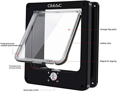 CEESC Medium Cat Door for Interior/Exterior, for Pets <15.75", Black | Rotary 4-Way Lock, Weatherproof, Fits doors 1.26-2.14", Adjustable tunnel depth, Upgraded version