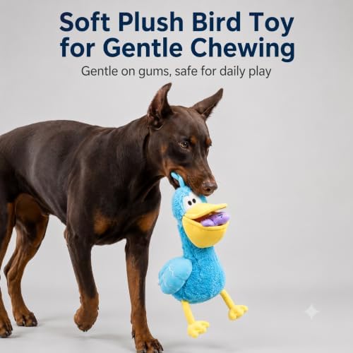Squeaky Dog Plush Chew Toy Set, Interactive Tug Squeaky Toy for Chewers, Medium&Large Dogs&Fetch Play, 20.5 in Stuffed Bird with Bonus Fish Toy&Treat Storage Beak for Gentle Gum Care & Boredom Relief