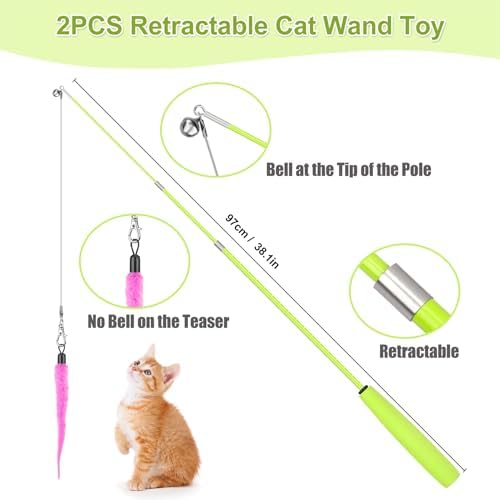 ChicWow Interactive Retractable Cat Wand & Hanging Toys for Cats - 2 Wands, 2 Hanging, 7 Teaser Cat Toys for Indoor Adult Cats Kitten, Includes Feather, Mouse, Fish, Worm, 1 Spare Elastic Rope