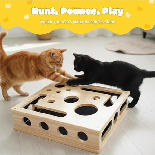 Cat Nail File Enrichment Box - Wooden Scratch & Puzzle Toy with 3 Bell Balls, Sandpaper Pad for Indoor Cat Claw Grinding, Mental Stimulation and Boredom Relief