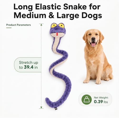 Squeaky Dog Plush Chew Toy, Interactive Tug Squeaky Toy for Chewers, Medium & Large Dogs & Fetch Play, 39.4 in Stuffed Silly Snake Toy with Elastic Stretchable Body for Gentle Gum Care&Boredom Relief