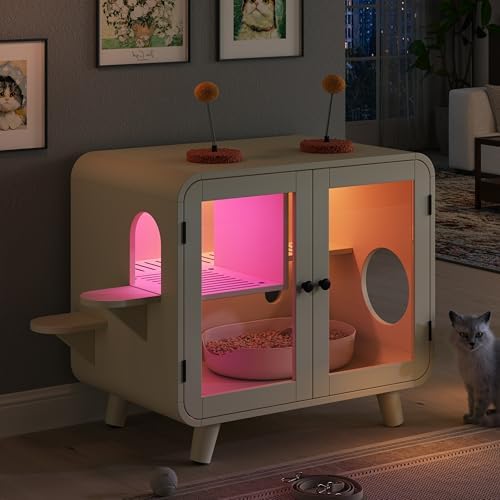 Polibi Retro TV-Shaped Cat Cabinet with RGB Smart Lighting & Pom-Pom Toys, Litter Leak Walkway & Dual Glass Doors, Multi-Functional Cat Furniture for Indoor Cats, Living Room, Beige