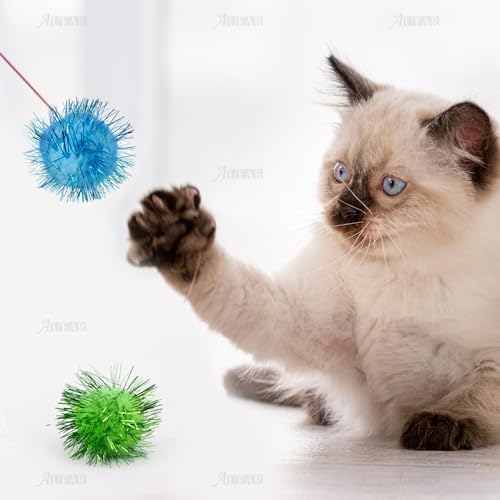 AUEAR, 20 Pack Sparkle Balls 1.5 Inches Tinsel Poms for Cats Pets Assorted Colors