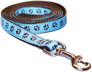 Medium Blue/Brown Puppy Paws Dog Leash: 3/4" Wide, 6ft Length - Made in USA.