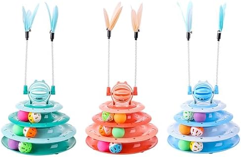 Vealind Cat Toy Roller 4-Level Turntable Cat Toys Balls with 14 Pcs Colorful Pom Pom Balls Interactive Fun Mental Physical Exercise Puzzle Kitten Toys (Orange)