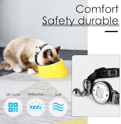 Smart QR Code Pet ID Personalized Tag Cat Collar, Reflective Nylon with Bell, Secure Breakaway, Comfortable, Durable - Suitable for Kittens-Black-S
