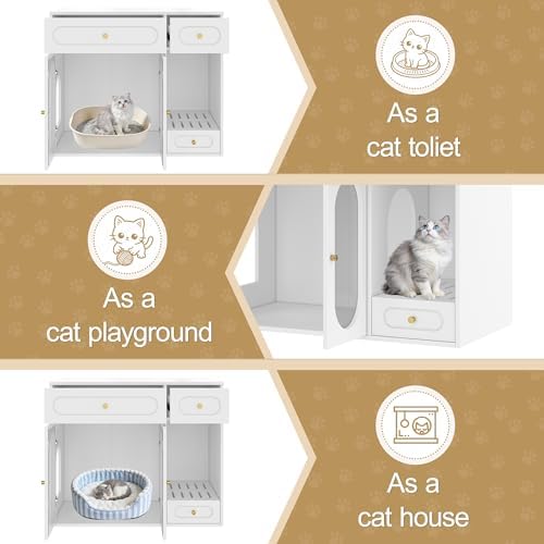 Cat Litter Box Enclosure with LED Light, Hidden Litter Box Cabinet with Storage Drawers, Acrylic Doors, Indoor Pet House, Fits Most Litter Boxes, Multi-Entry Design, End Table for Living Room, White