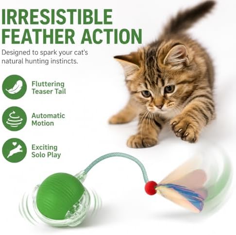 Interactive Cat Toy Ball with LED Lights – USB-C Rechargeable Automatic Cat Toy with Feather Tail for Indoor Cats & Kittens, Upgraded Version