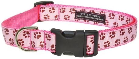 Large Pink/Brown Puppy Paws Dog Collar: 1" Wide, Adjusts 18-28" - Made in USA.