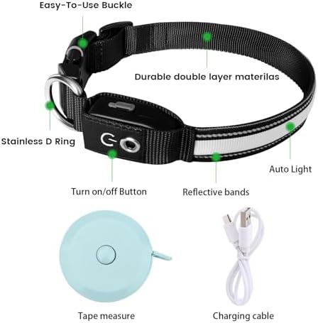 Auto Light Up Dog Collar - Smart Safety Night Collar with Motion Sensor - Auto-On in Dark - USB-C Rechargeable - 3 Day Runtime- IP65 Waterproof (M 15-20“)
