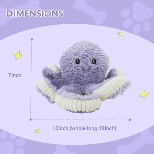 Linzy Plush Octopus Dog Toy, Soft Crinkle Squeaky Chew Toy for Small Medium Large Dogs, Purple and White Tentacles, Interactive Pet Toy, 18 Inch