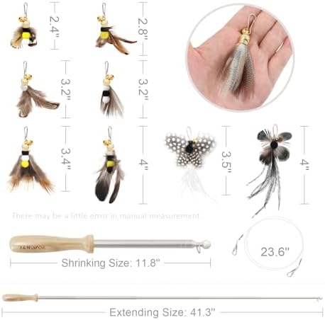 SONGWAY Cat Toys Feather Wand - Retractable Cat Wand Toy and 8 Pieces Insect Cat Feather Toys with Bell, Interactive Cat Toys for Indoor Cats Kittens