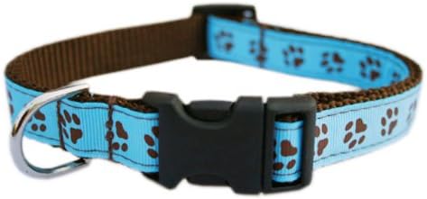 Small Blue/Brown Puppy Paws Dog Collar: 5/8" Wide, Adjusts 10-14" - Made in USA.