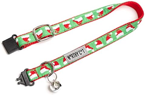 THE WORTHY DOG Christmas Patterns, Breakaway Cat Collar with Bell, Green