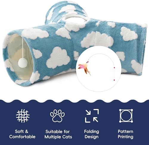 Tempcore Cat Tunnel, 3-Way Collapsible Toy for Indoor Cats, Blue Cloud