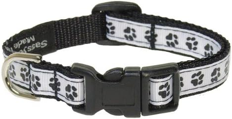 XSmall Black/Wht. Puppy Paws Dog Collar: 1/2" Wide, Adjusts 6-12" - Made in USA.