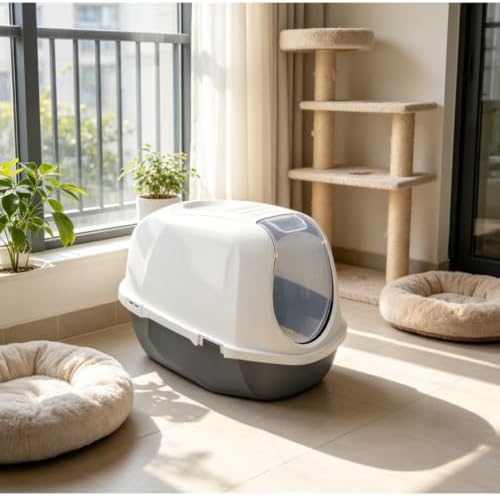 Navy & White Enclosed Smart Cat Cove Litter Box